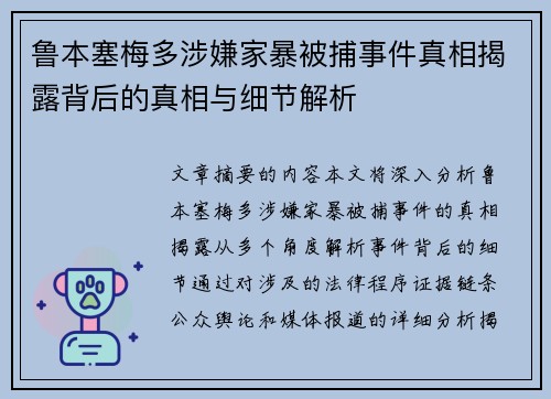 鲁本塞梅多涉嫌家暴被捕事件真相揭露背后的真相与细节解析
